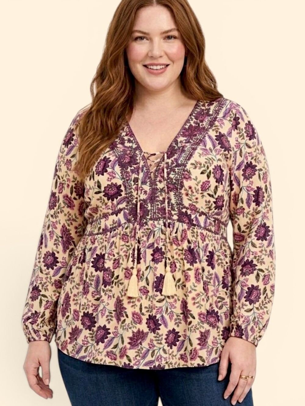 Torrid Babydoll Top Size 4 Rayon Crepe Embroidered Lace-Up V-Neck Floral Shirt